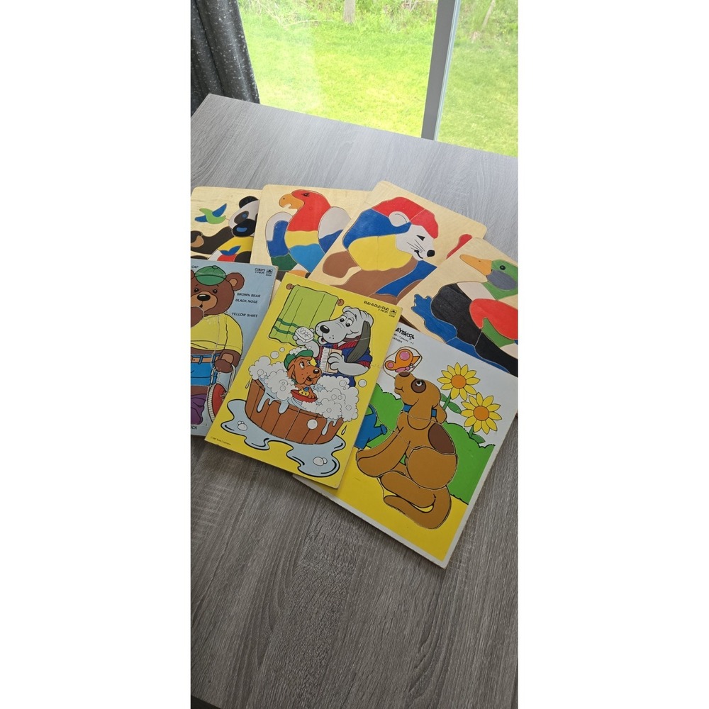 1980's Vintage Wooden Tray Puzzles Pound Puppy Animals All Complete Lot Of 7